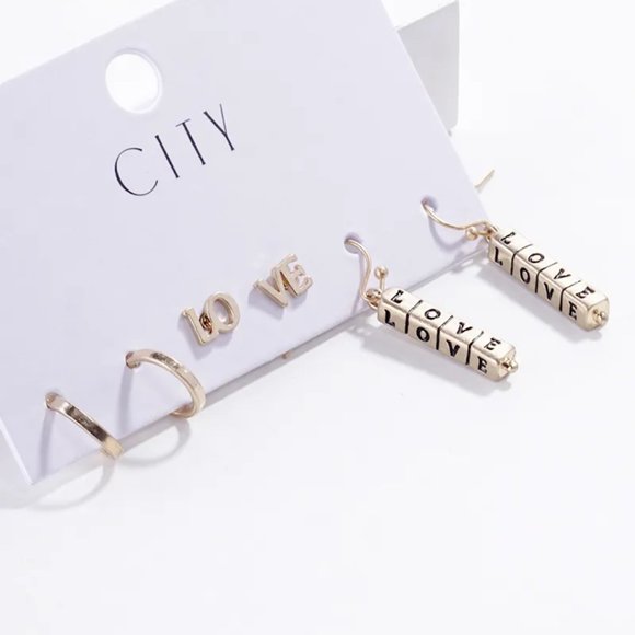 Set of 3 Earrings Love Hoop Gold Dangle Stud Fashion Jewelry Small Brass Resin - Picture 1 of 7